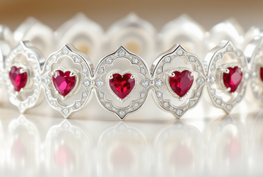 White Gold Wedding Band with Heart Shaped Rubies