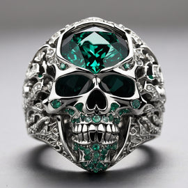 White gold ring with emerald skull