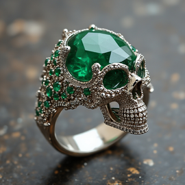 White gold ring with emerald skull